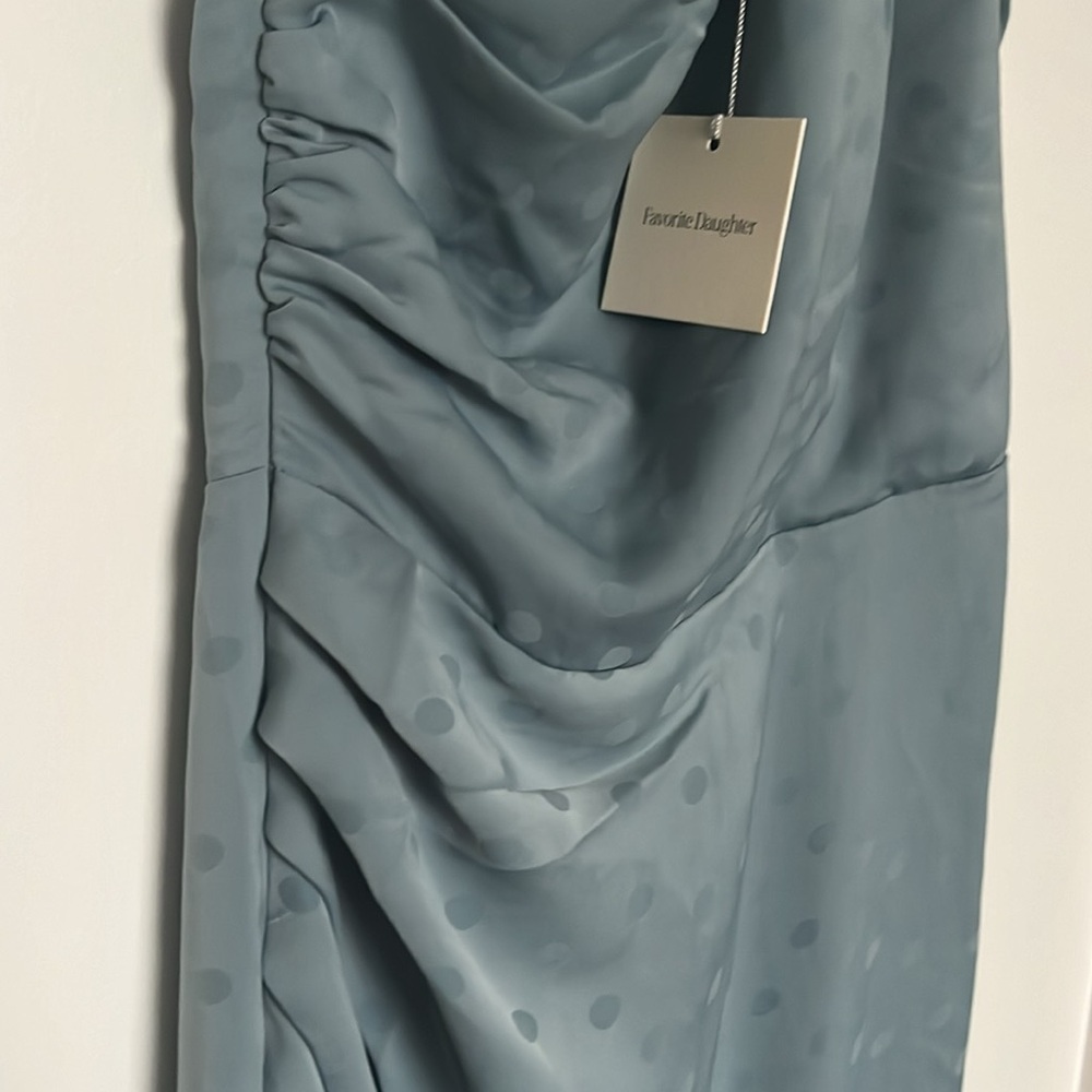 Favorite Daughter The Singles Table Blue Slate Polka Dot One-Shoulder Dress, new - Picture 7 of 9